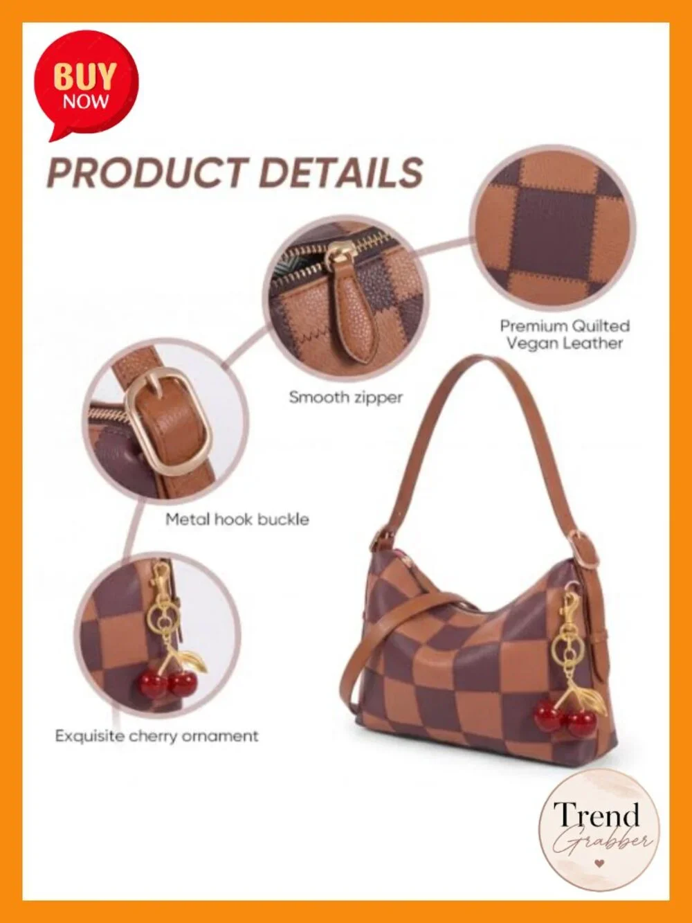 Vegan Leather Checkered Hobo Shoulder Bag with Cherry Charm - Medium Slouchy